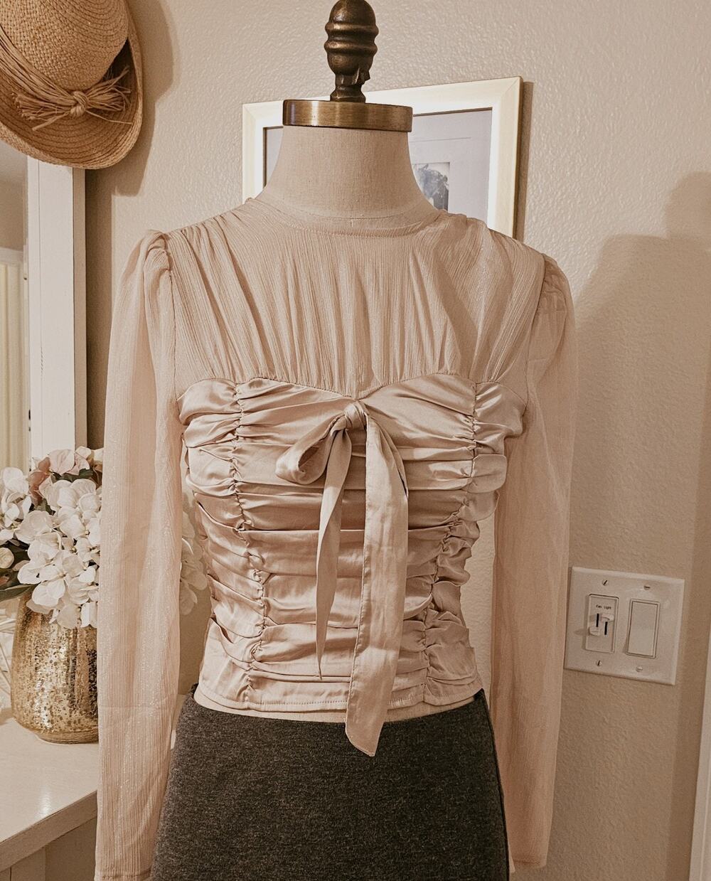 Milk & Honey Medium Champagne Gold Shimmer Ruched Tie Front Long Sleeve...